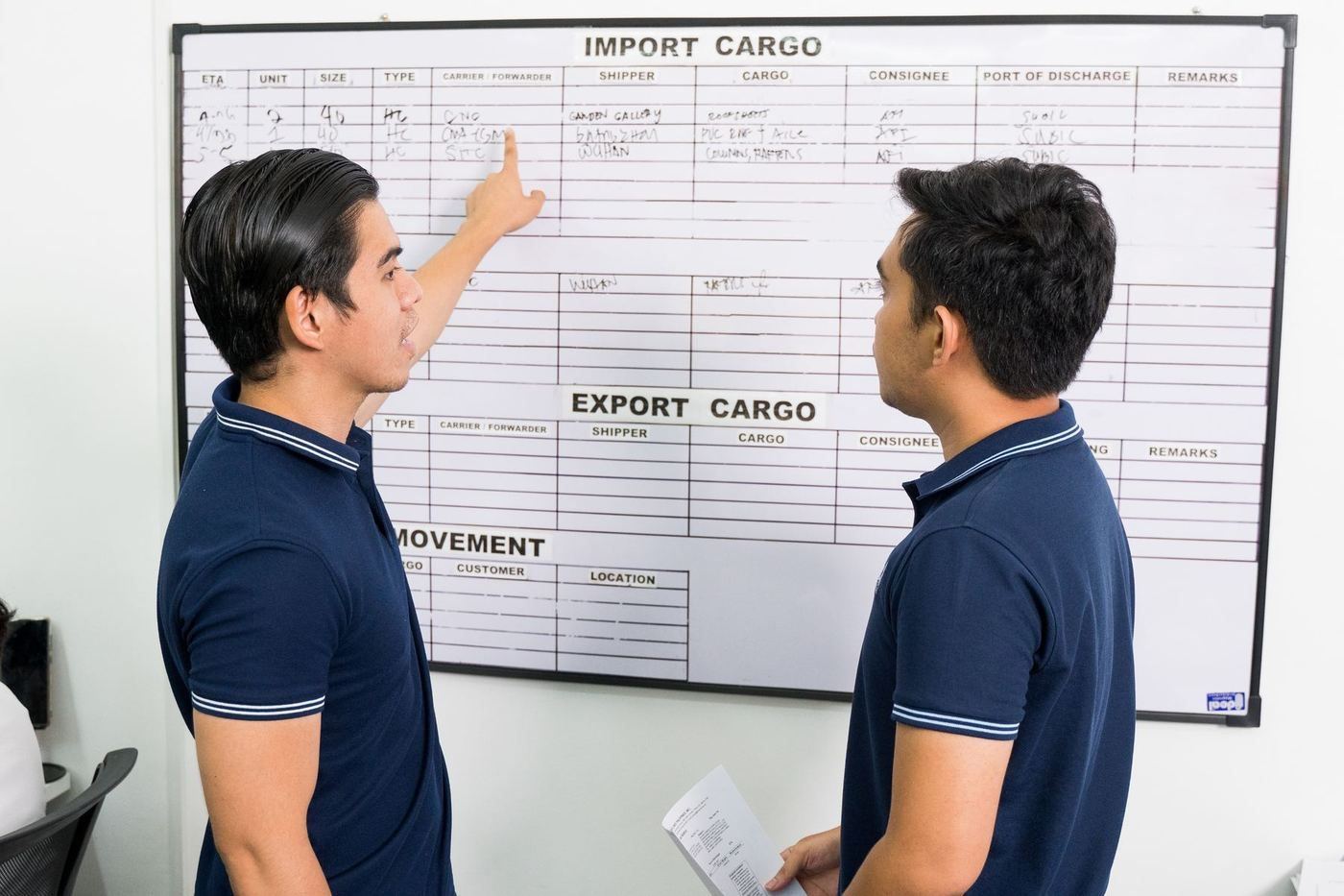 Group staff planning import and export cargo movements