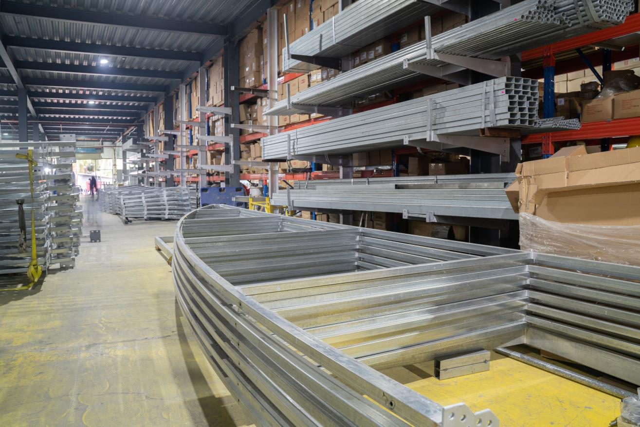 Rollformed steel sections racked in the Subic Bay factory